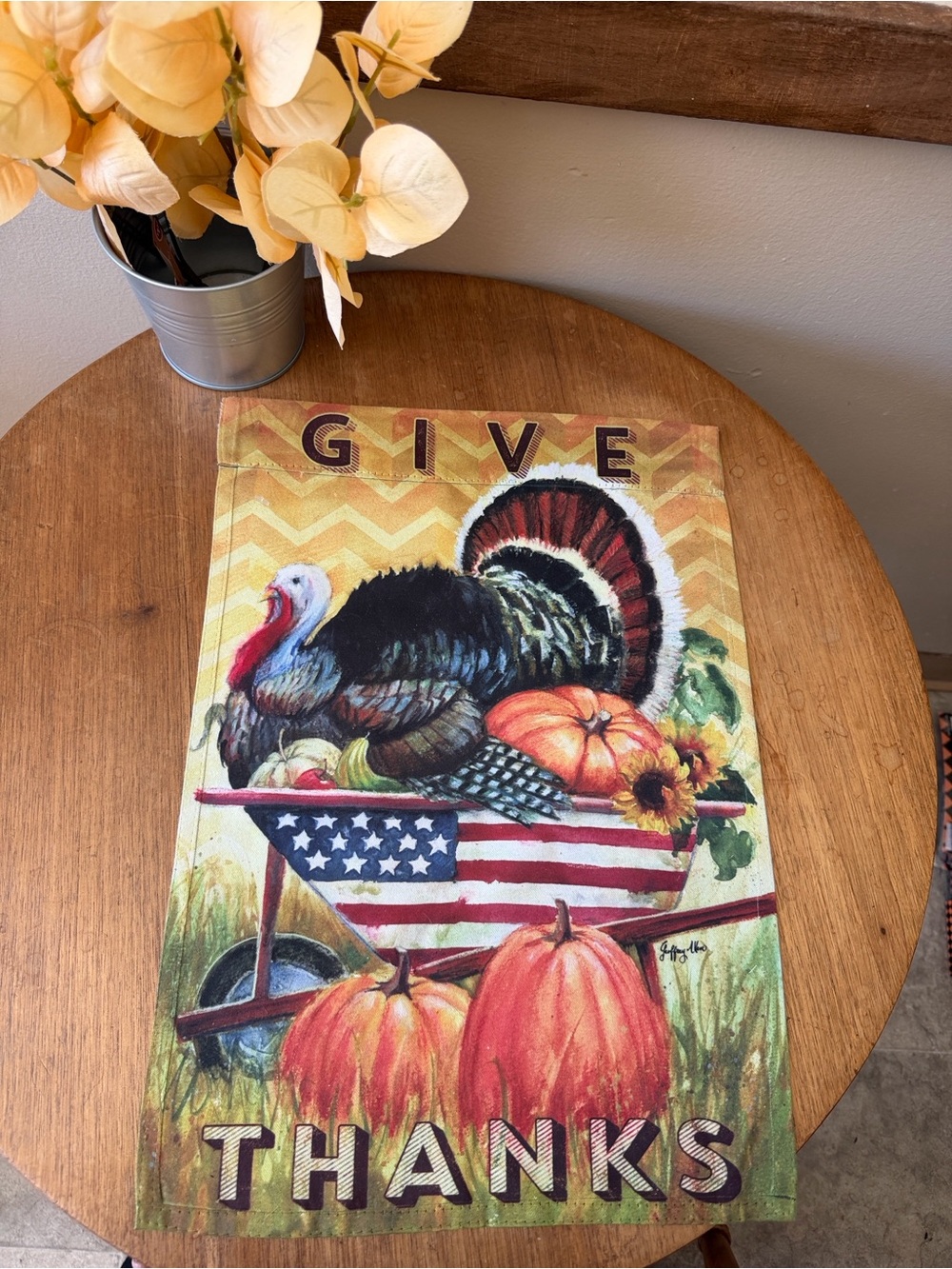 Thanksgiving “Give thanks” Turkey Pumpkin American flag Garden Flag